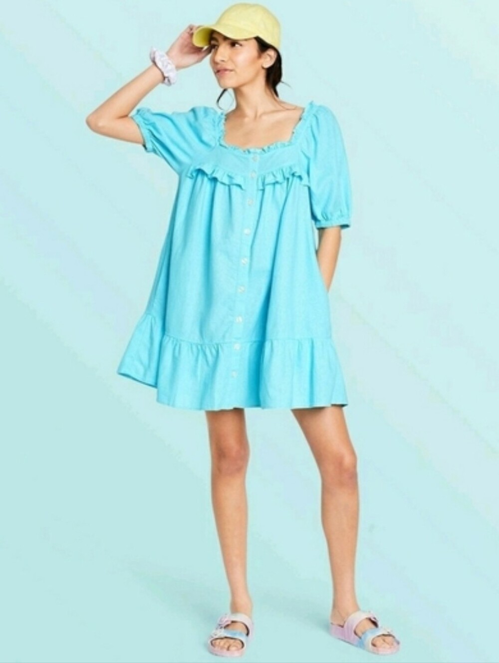 Stoney Clover Lane x Target Blue Ruffle Puff Sleeve Babydoll Mini Dress Linen